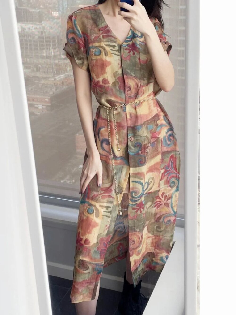 90s Floral Mesh Maxi Dress, Brown Patterned Slit